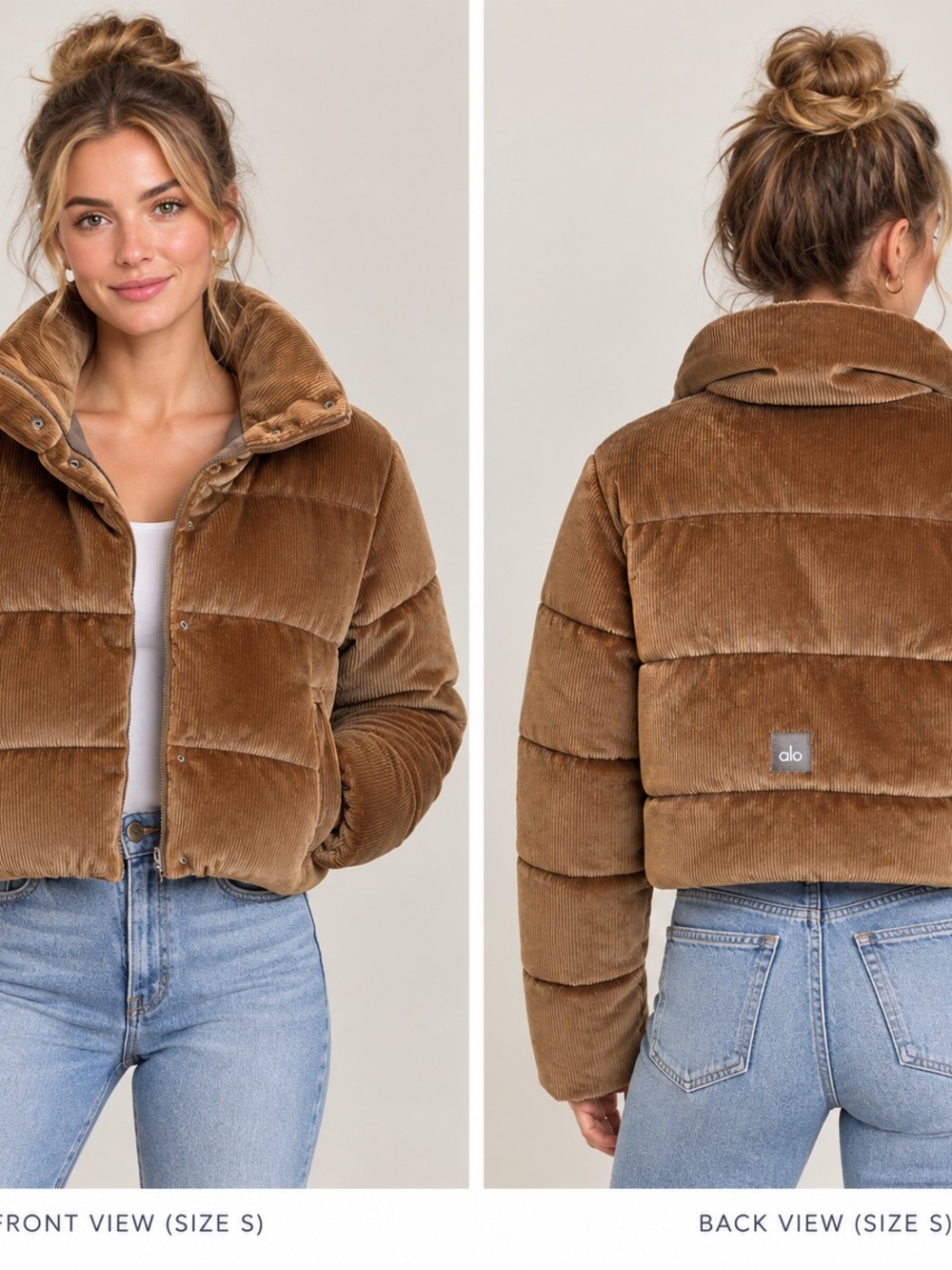 ALO Yoga Cropped Corduroy Puffer Jacket in Brown